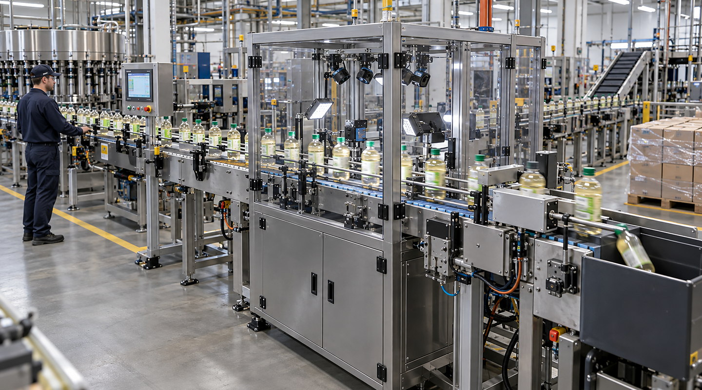 Bottles passing through an enclosed multi-camera label inspection station with reject device and HMI visible.