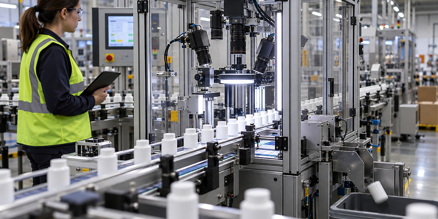 Bottles passing through an enclosed multi-camera label inspection station with reject device and HMI visible.