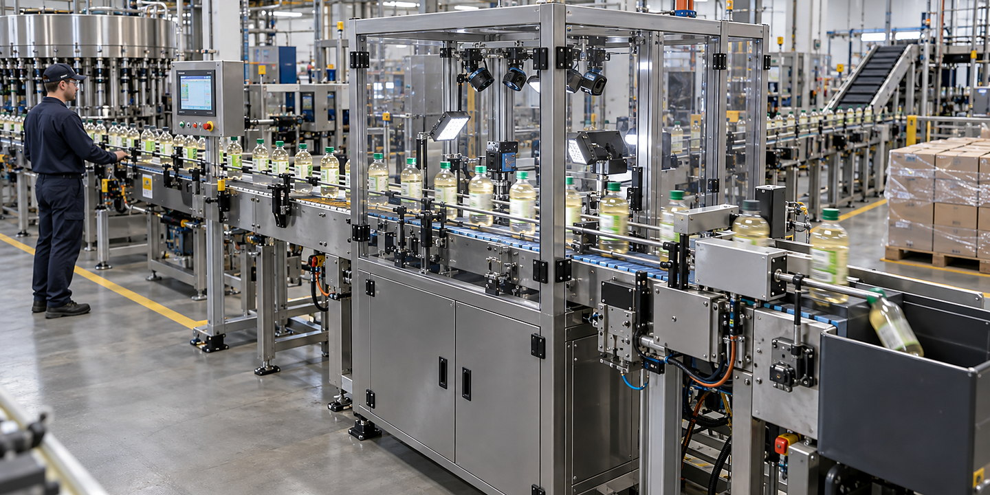 Bottles passing through an enclosed multi-camera label inspection station with reject device and HMI visible.